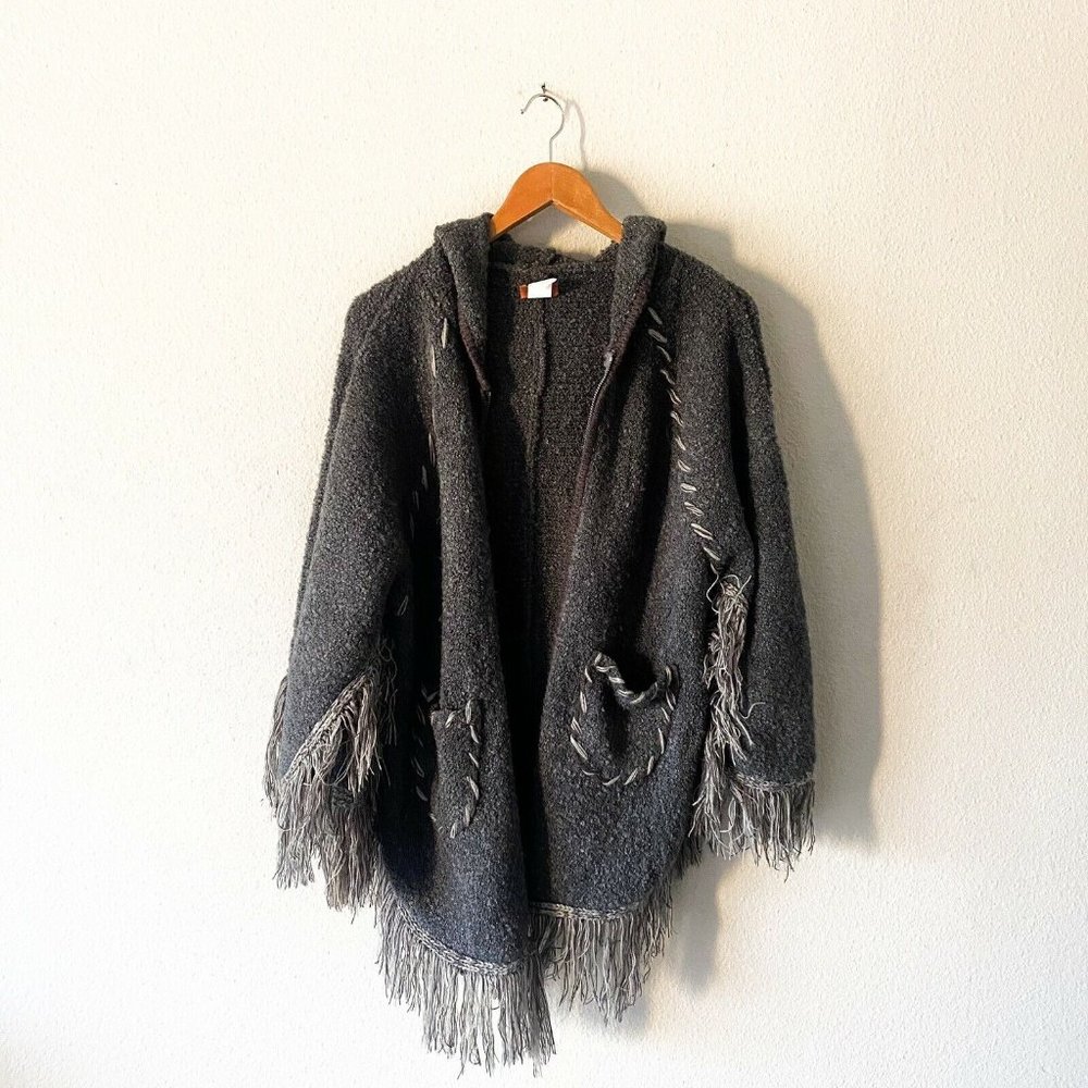 Scully Western gray fuzzy shawl boho frayed acrylic one size